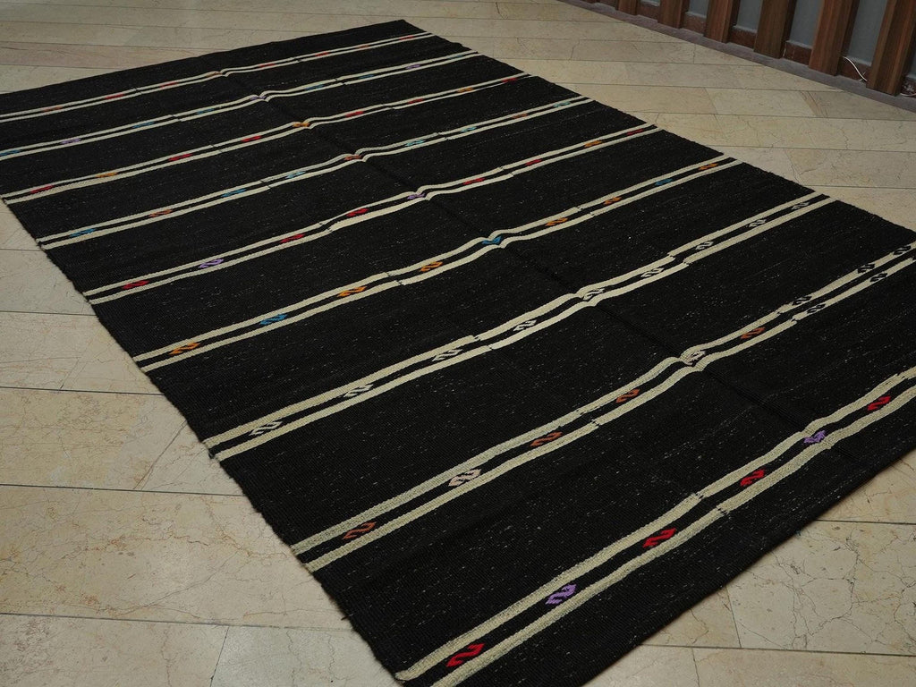 Vintage Goat Hair Kilim Rug: Black and White Stripe, 6.9"x10.6"