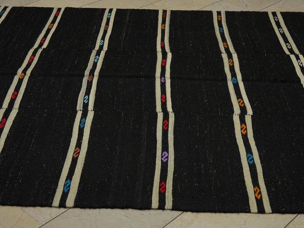 Vintage Goat Hair Kilim Rug: Black and White Stripe, 6.9"x10.6"