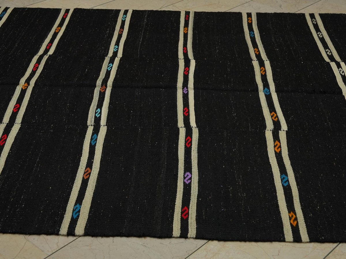 Vintage Goat Hair Kilim Rug: Black and White Stripe, 6.9"x10.6"