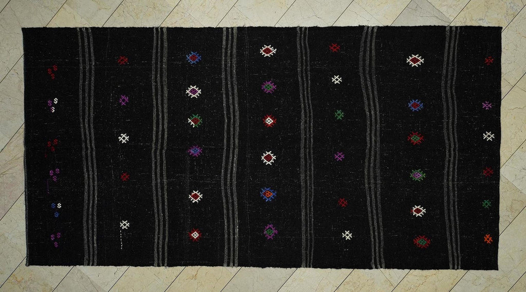 Goat Hair Kilim Rug: Striped Flat Weave, Dark Brown & Gray Rugs,5.5x10.9 ft