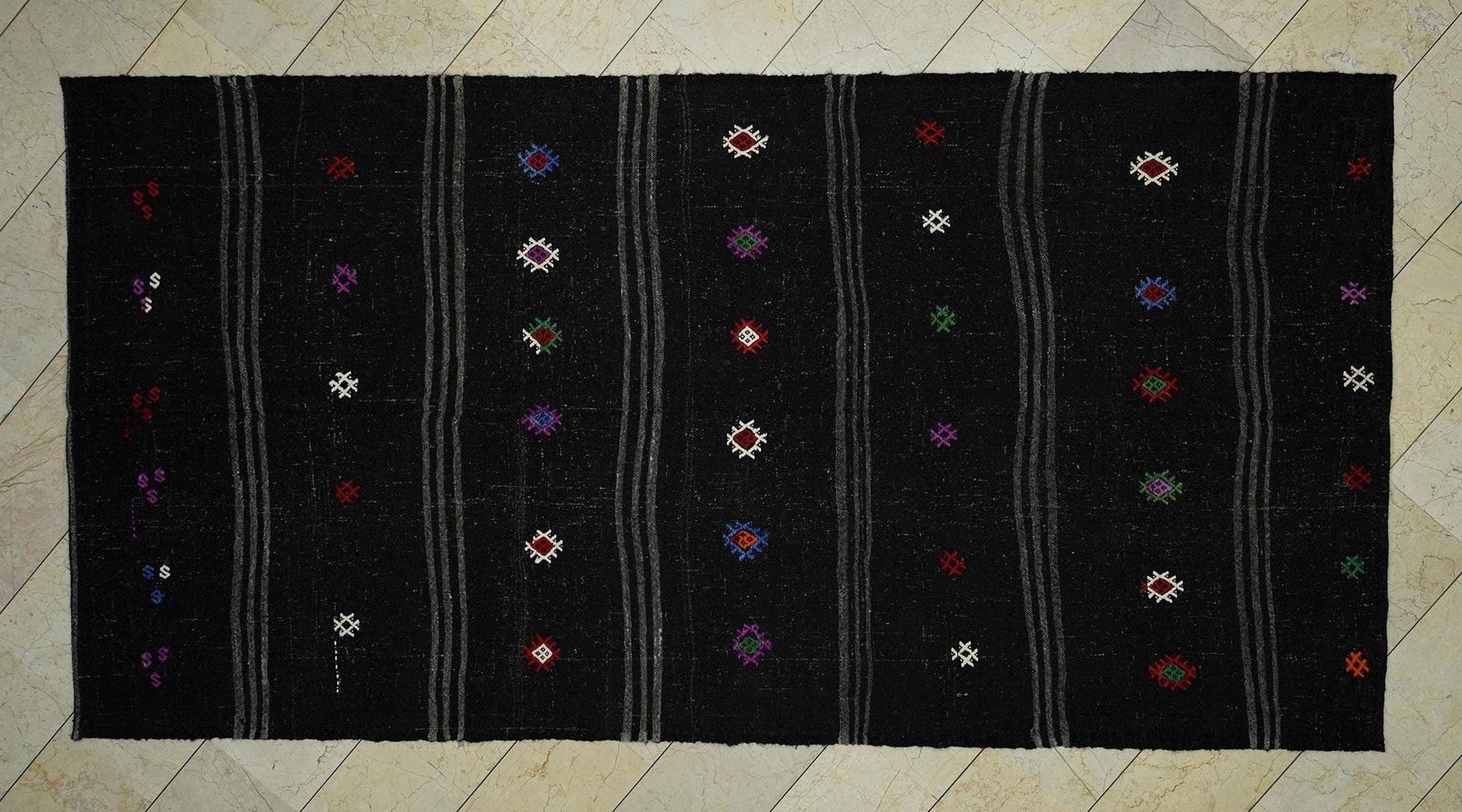Goat Hair Kilim Rug: Striped Flat Weave, Dark Brown & Gray Rugs,5.5x10.9 ft