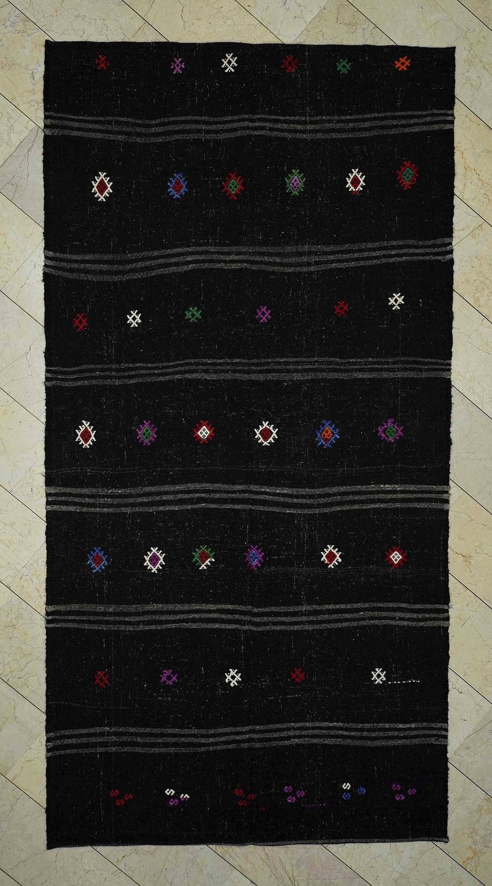 Goat Hair Kilim Rug: Striped Flat Weave, Dark Brown & Gray Rugs,5.5x10.9 ft