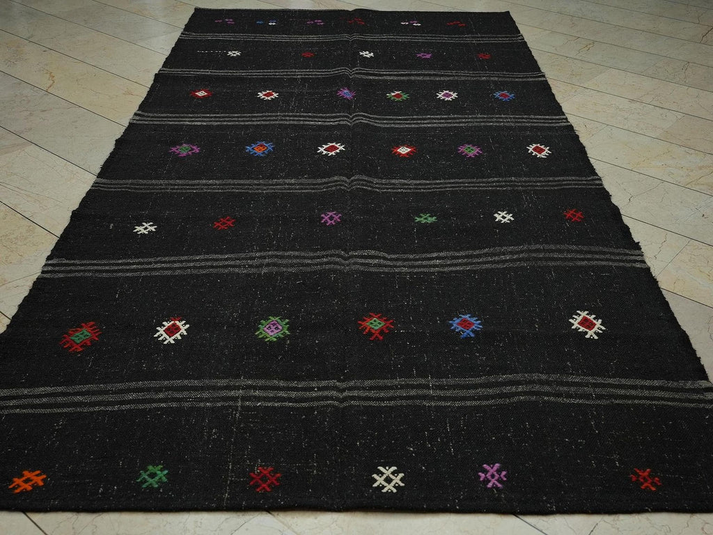 Goat Hair Kilim Rug: Striped Flat Weave, Dark Brown & Gray Rugs,5.5x10.9 ft