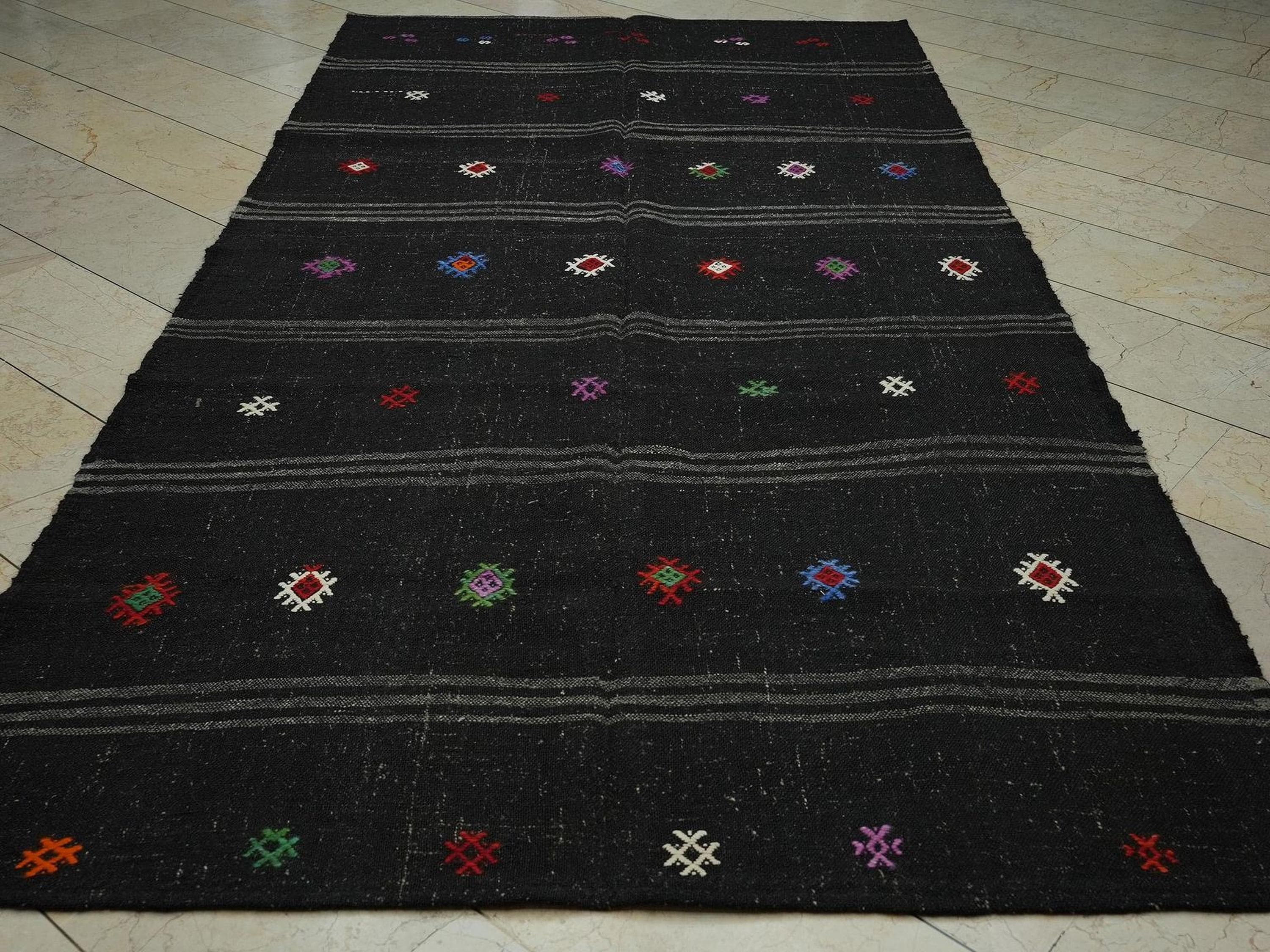 Goat Hair Kilim Rug: Striped Flat Weave, Dark Brown & Gray Rugs,5.5x10.9 ft