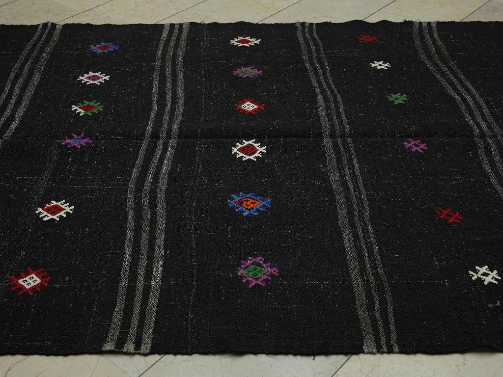 Goat Hair Kilim Rug: Striped Flat Weave, Dark Brown & Gray Rugs,5.5x10.9 ft