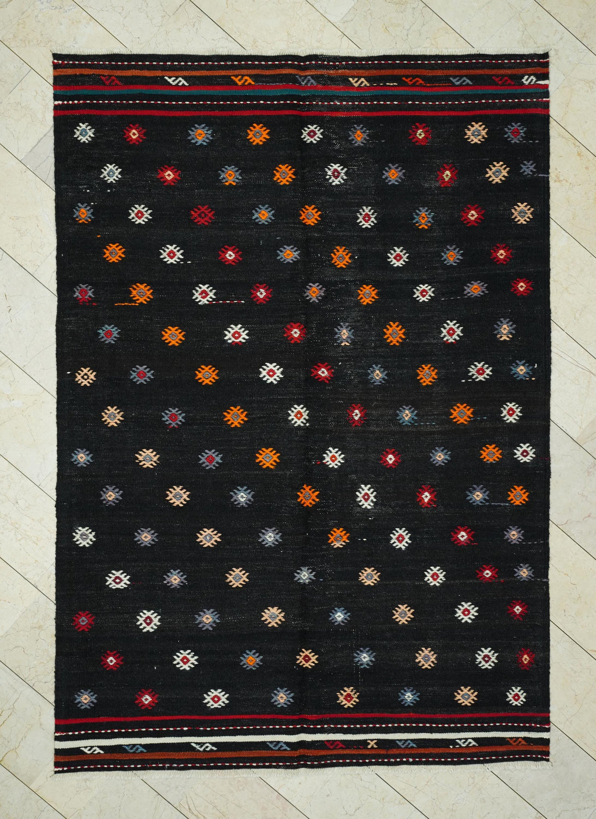Embroidered Dark Brown Kilim Rug: 6.4"x9.2' Turkish Flat Weave Goat Hair Anatolian Rugs