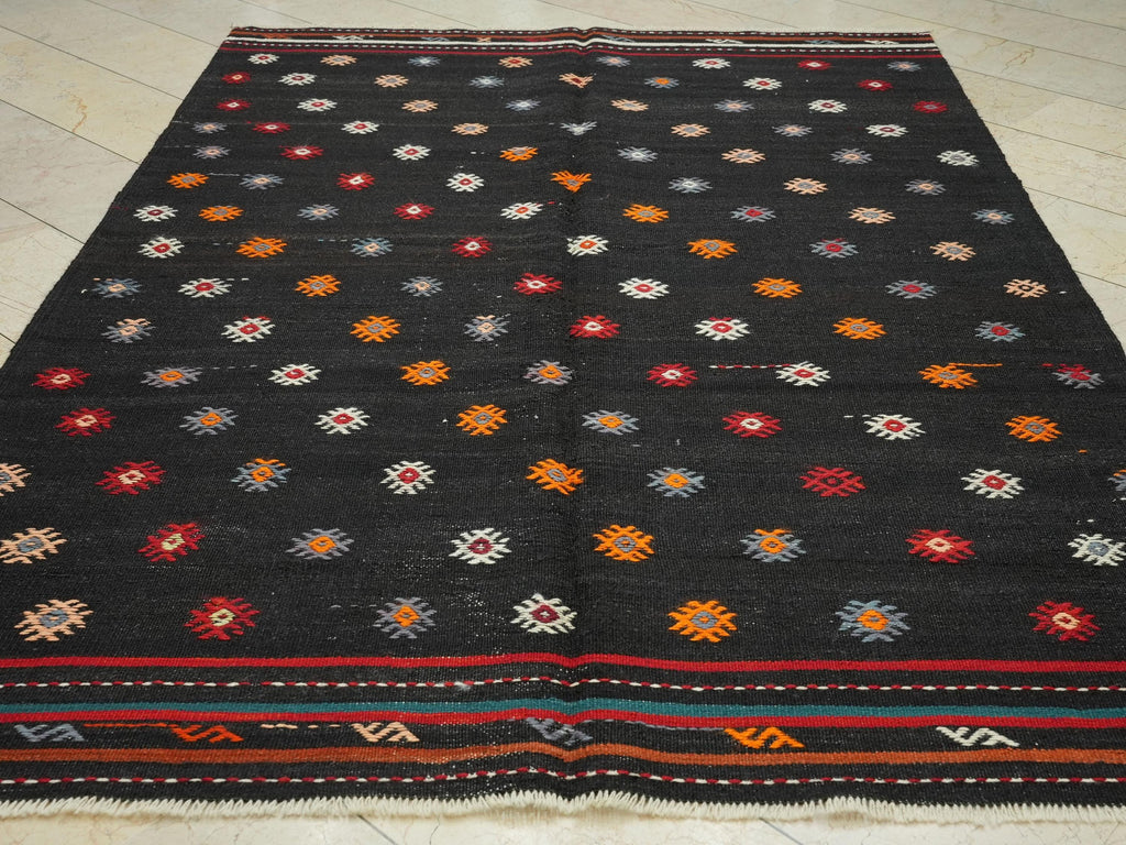 Embroidered Dark Brown Kilim Rug: 6.4"x9.2' Turkish Flat Weave Goat Hair Anatolian Rugs