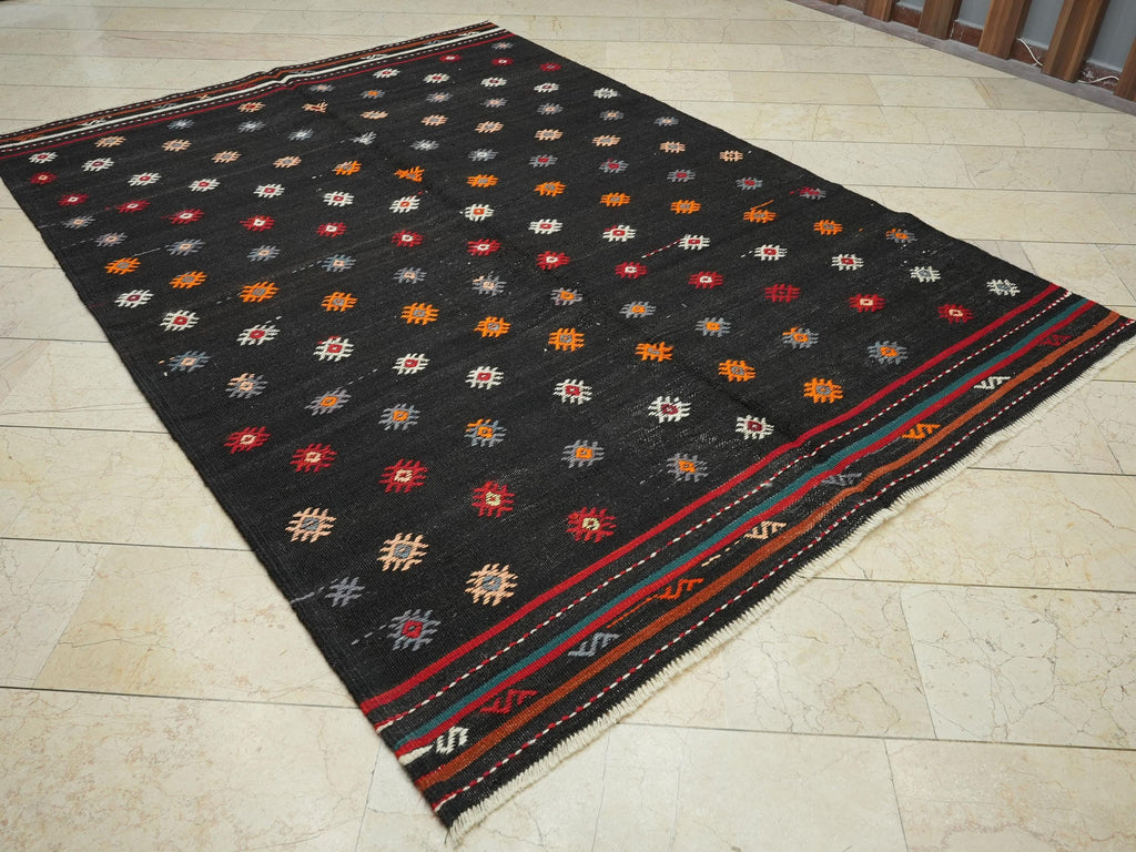 Embroidered Dark Brown Kilim Rug: 6.4"x9.2' Turkish Flat Weave Goat Hair Anatolian Rugs