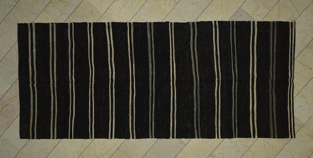 Vintage Turkish Goat Hair Kilim Rug: Mid-Century Modern Stripe Rugs (4,7"x11,1" Feet)