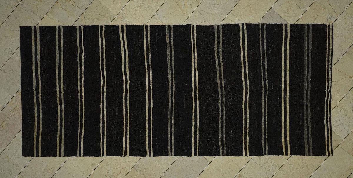 Vintage Turkish Goat Hair Kilim Rug: Mid-Century Modern Stripe Rugs (4,7"x11,1" Feet)
