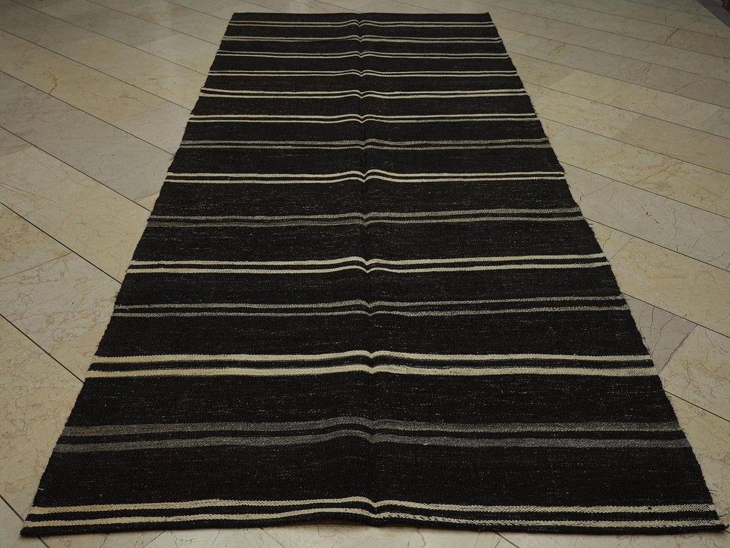 Vintage Turkish Goat Hair Kilim Rug: Mid-Century Modern Stripe Rugs (4,7"x11,1" Feet)