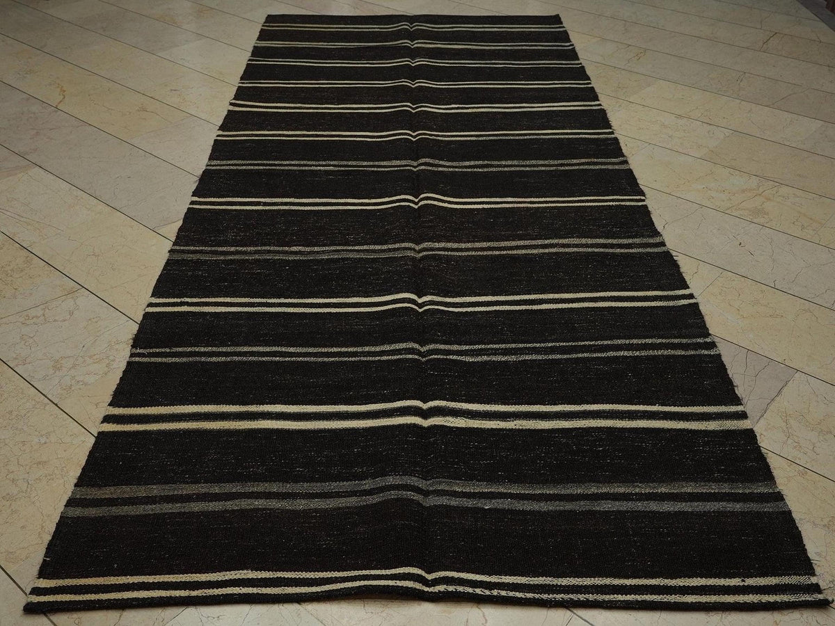 Vintage Turkish Goat Hair Kilim Rug: Mid-Century Modern Stripe Rugs (4,7"x11,1" Feet)