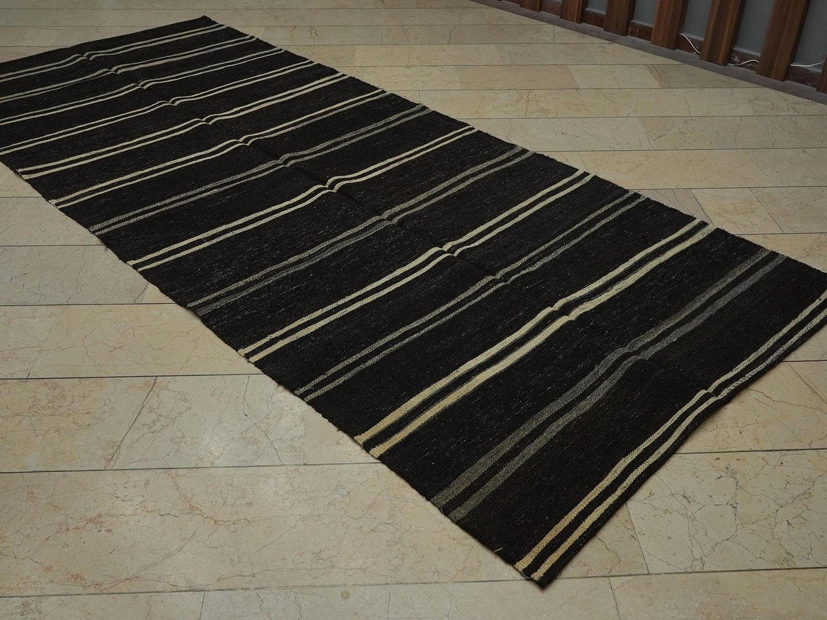 Vintage Turkish Goat Hair Kilim Rug: Mid-Century Modern Stripe Rugs (4,7"x11,1" Feet)