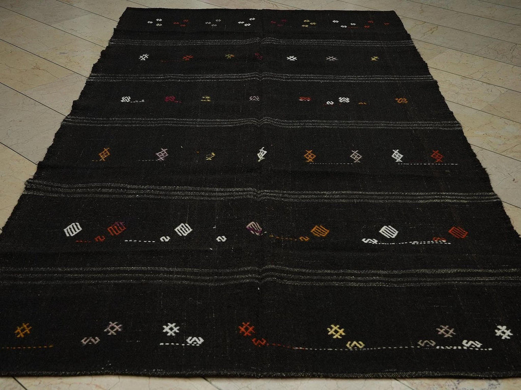Dark Brown Goat Hair Kilim Rug: 5.3"x9.4" Vintage Turkish Rugs