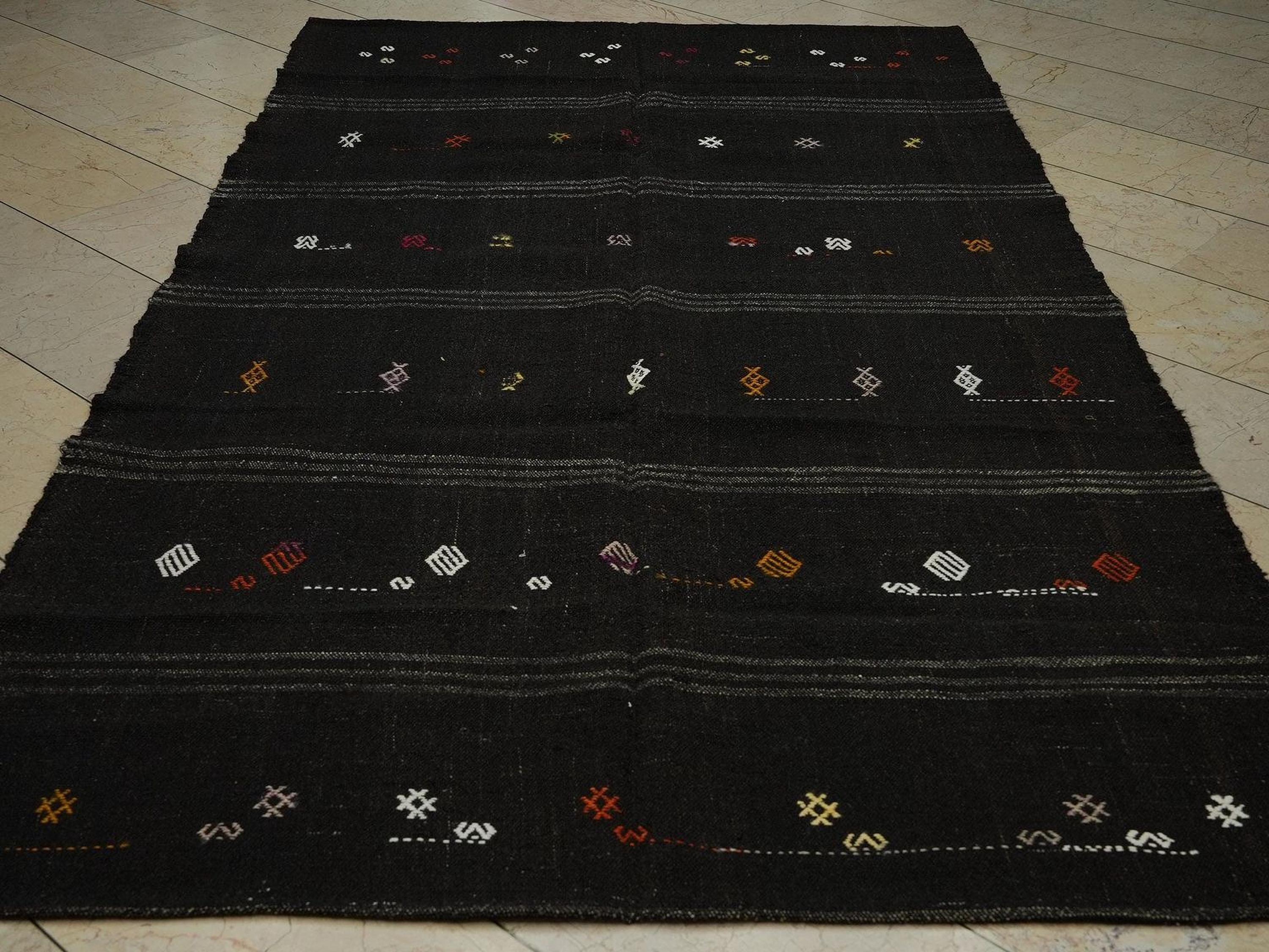Dark Brown Goat Hair Kilim Rug: 5.3"x9.4" Vintage Turkish Rugs