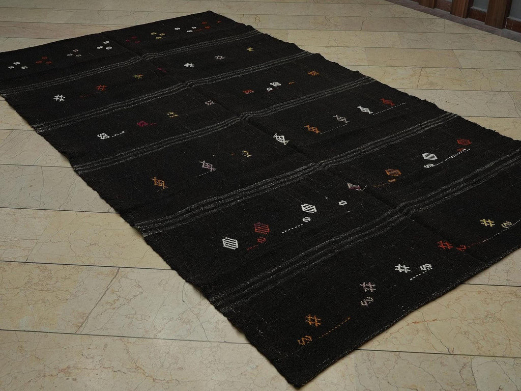 Dark Brown Goat Hair Kilim Rug: 5.3"x9.4" Vintage Turkish Rugs