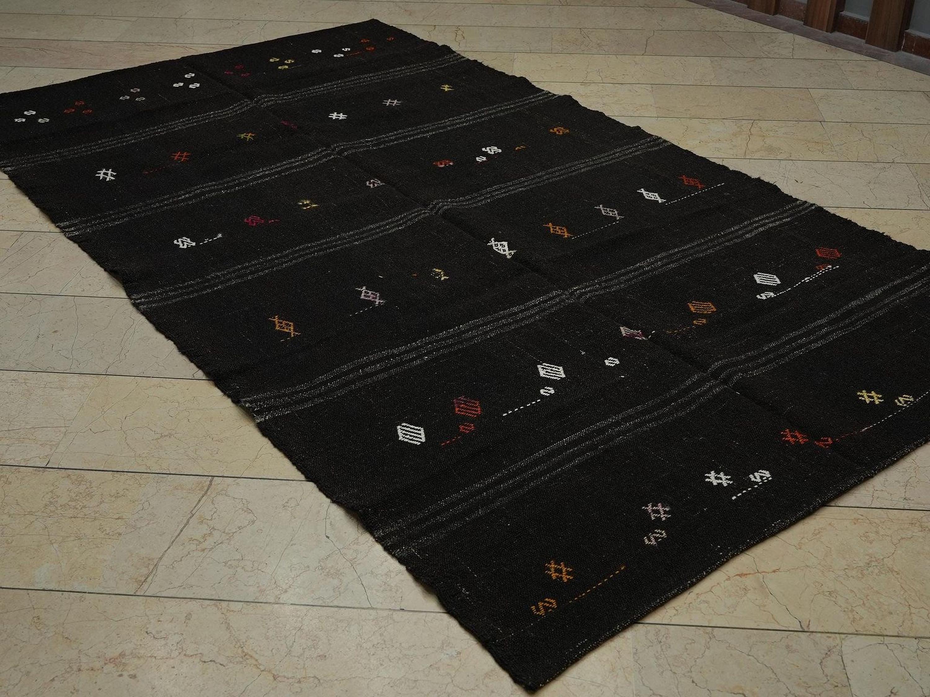 Dark Brown Goat Hair Kilim Rug: 5.3"x9.4" Vintage Turkish Rugs