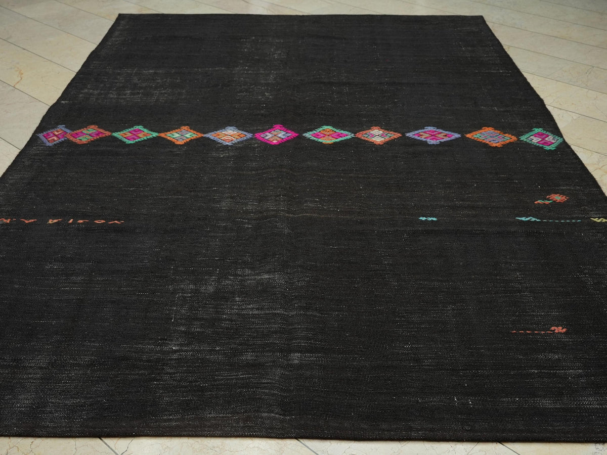 Dark Brown Goat Hair Rug,7.1x10.6 Ft, Natural Vintage Turkish Kilim Rugs