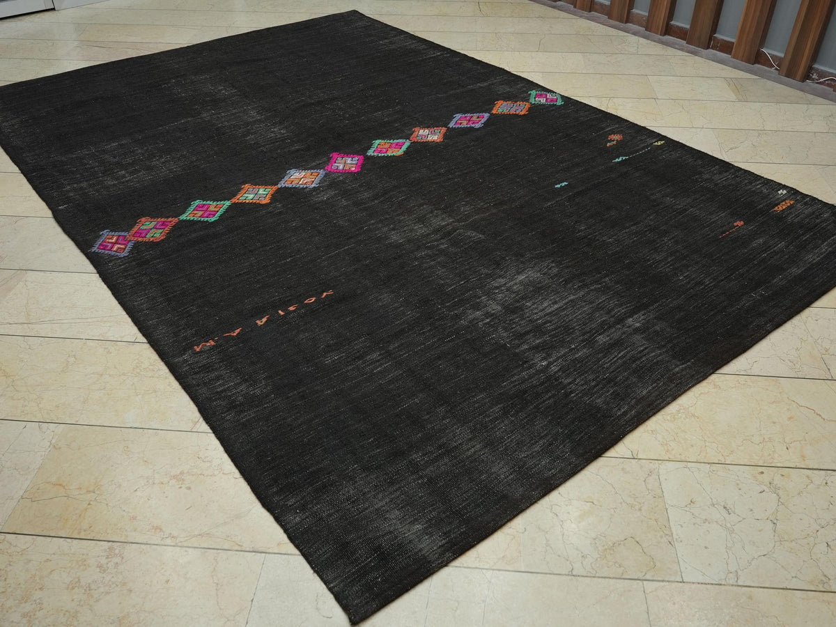 Dark Brown Goat Hair Rug,7.1x10.6 Ft, Natural Vintage Turkish Kilim Rugs