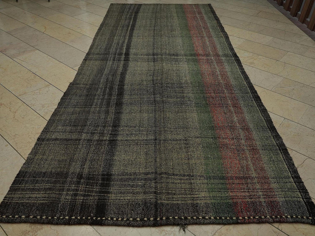 Long Goat Hair Kilim Rug: 5.6x12.8 ft, Gray Turkish Flat Woven Rugs