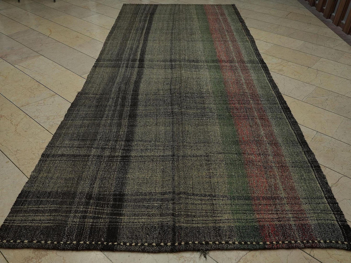 Long Goat Hair Kilim Rug: 5.6x12.8 ft, Gray Turkish Flat Woven Rugs