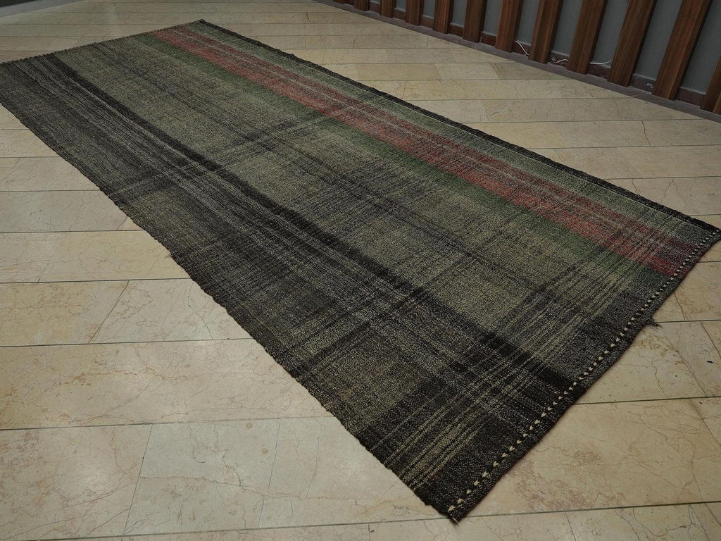 Long Goat Hair Kilim Rug: 5.6x12.8 ft, Gray Turkish Flat Woven Rugs