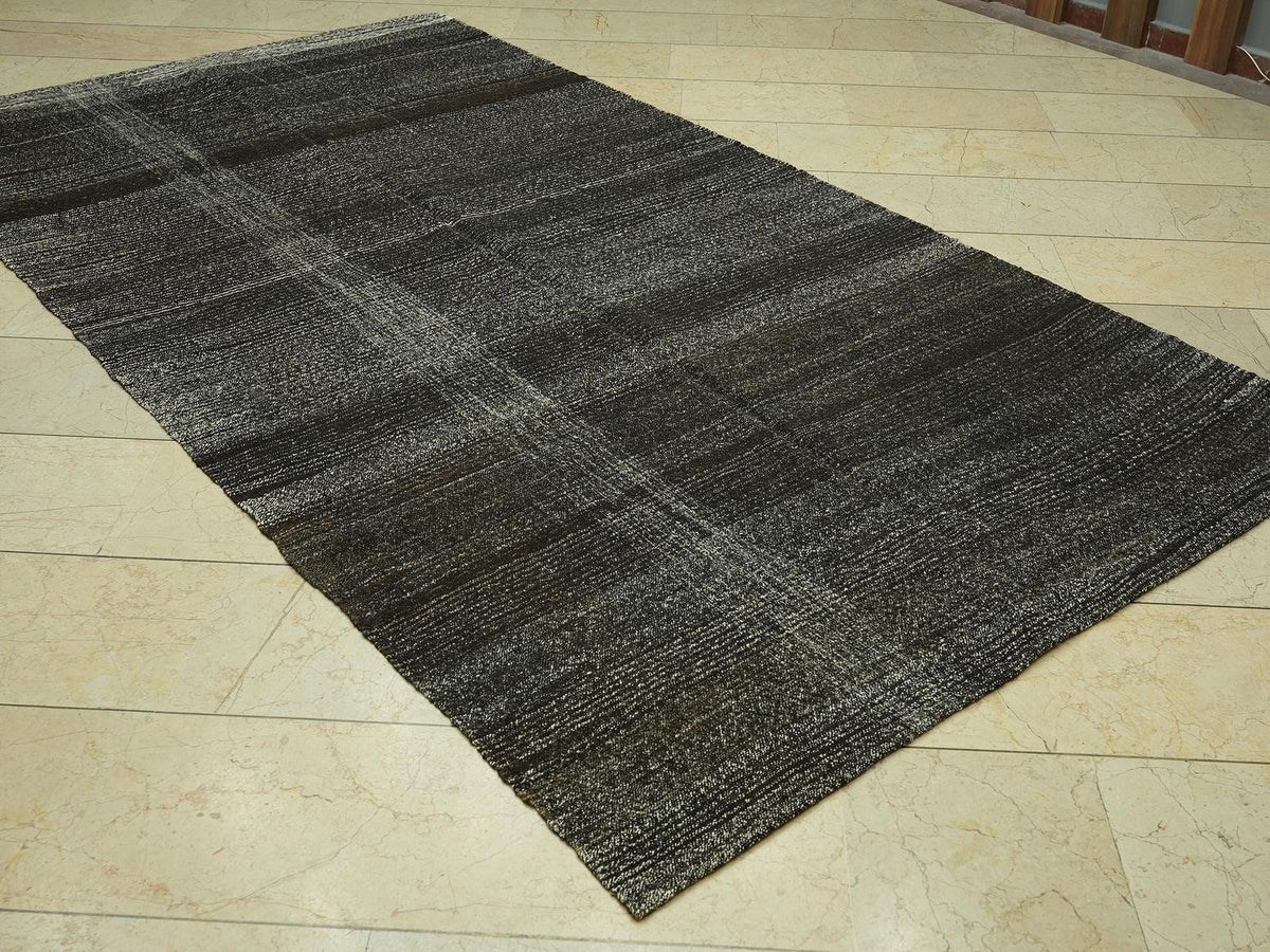 Vintage Turkish Goat Hair Kilim Rug: Dark Brown Flat Weave Rugs,5,2x9.6 Feet.