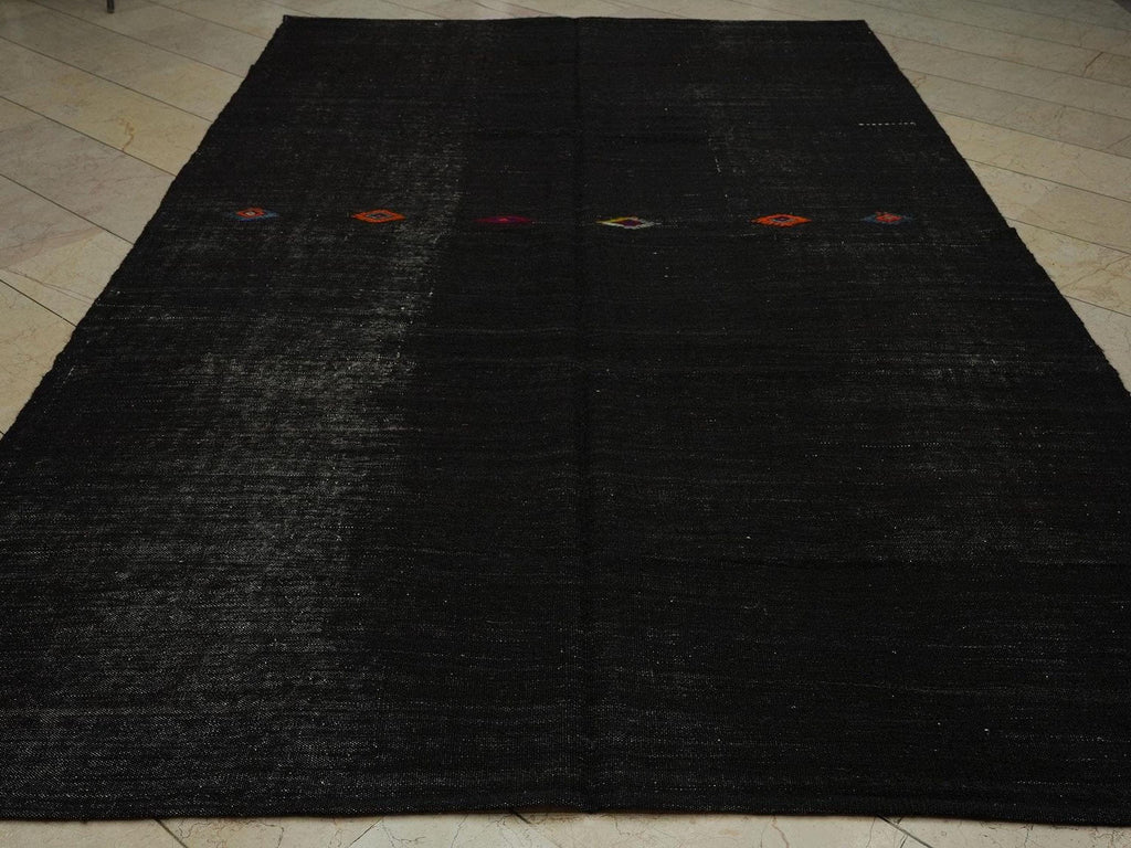 Mid Century Modern Black Goat Hair Kilim Rug: 7x11 ft, Turkish Woven Rugs