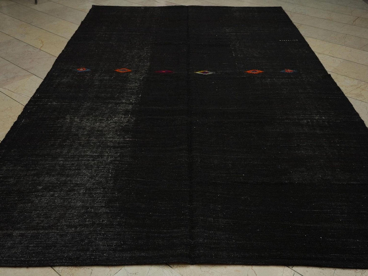 Mid Century Modern Black Goat Hair Kilim Rug: 7x11 ft, Turkish Woven Rugs