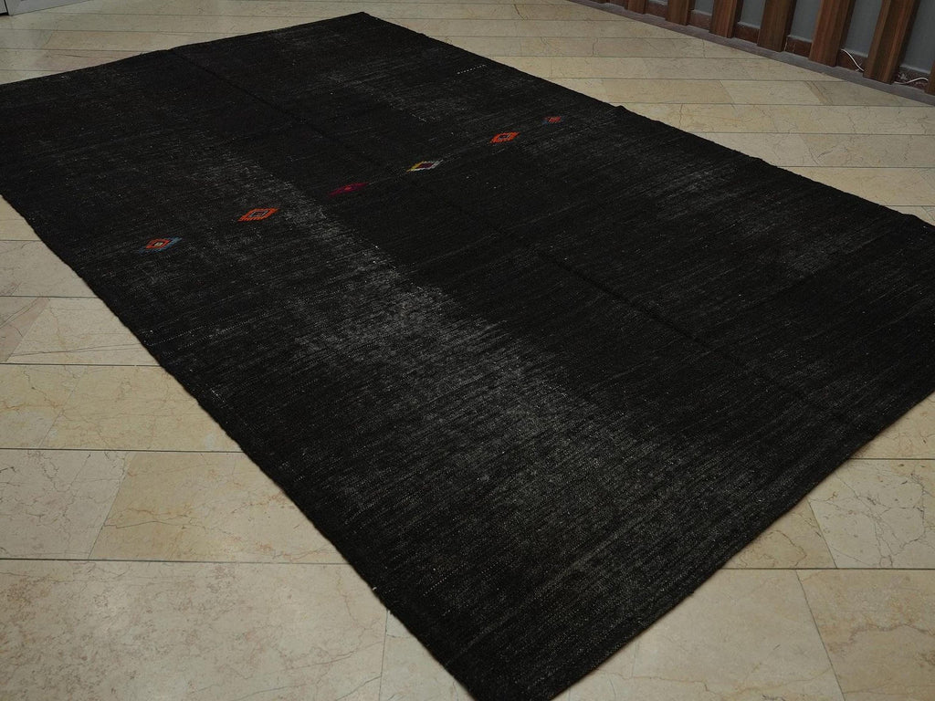 Mid Century Modern Black Goat Hair Kilim Rug: 7x11 ft, Turkish Woven Rugs