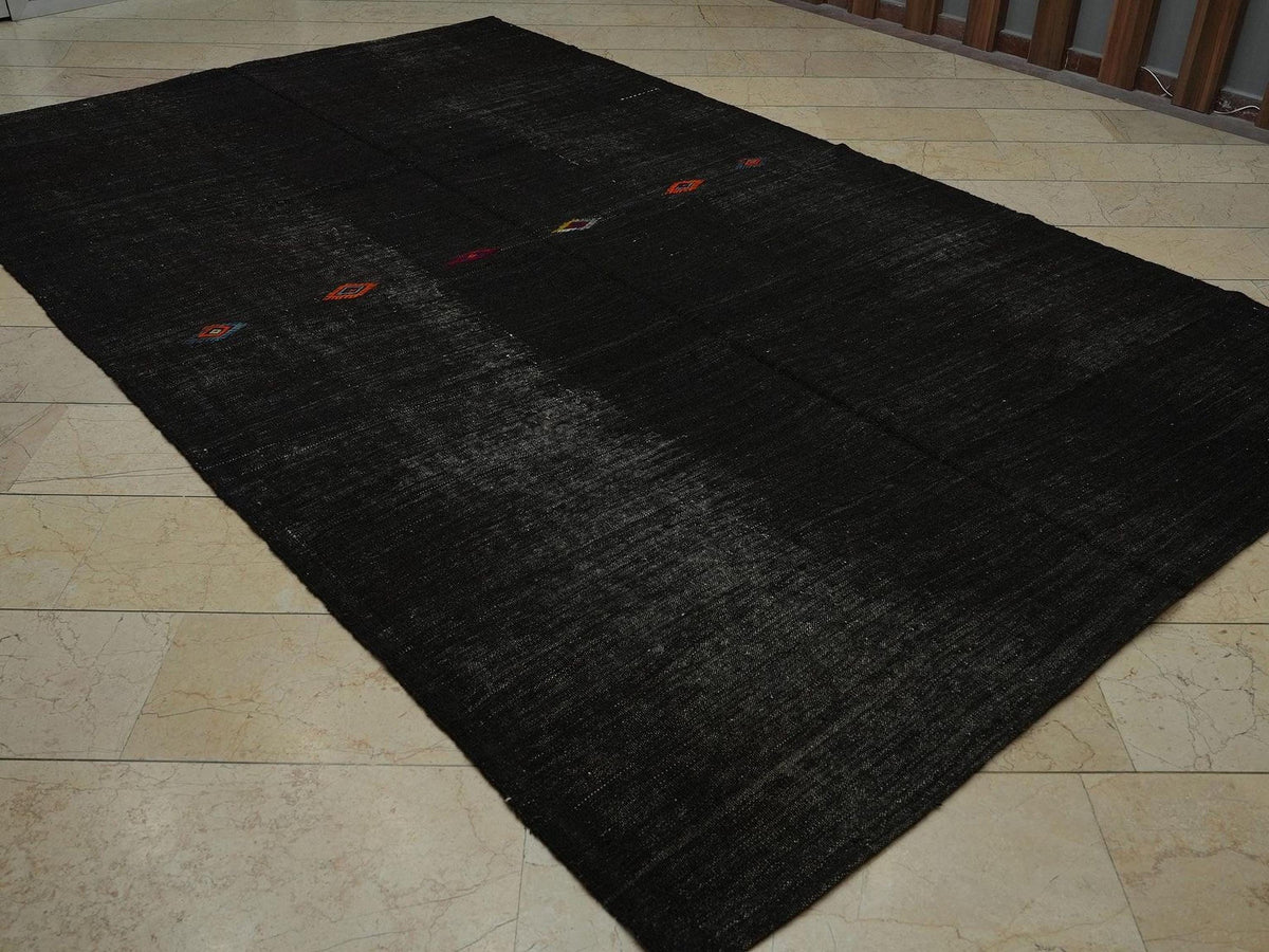 Mid Century Modern Black Goat Hair Kilim Rug: 7x11 ft, Turkish Woven Rugs