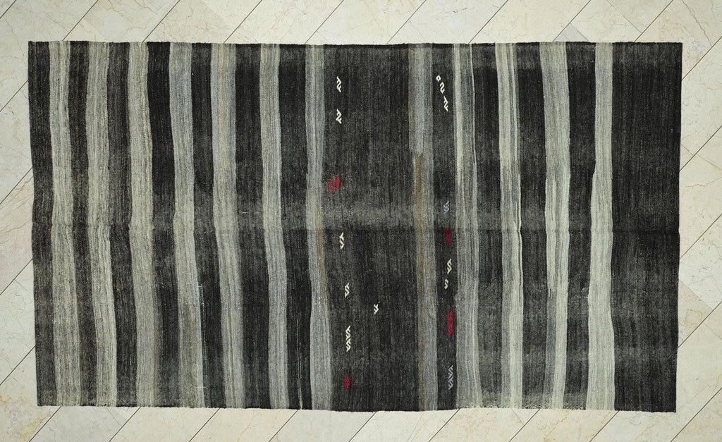 Vintage Turkish Kilim Rug: Brown Gray Stripe, Goat Wool Flat Weave Rugs, 6x11 Ft.