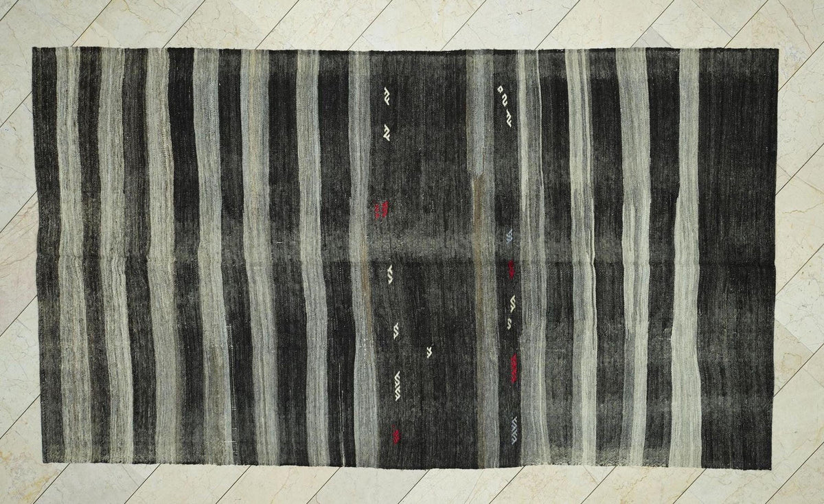 Vintage Turkish Kilim Rug: Brown Gray Stripe, Goat Wool Flat Weave Rugs, 6x11 Ft.