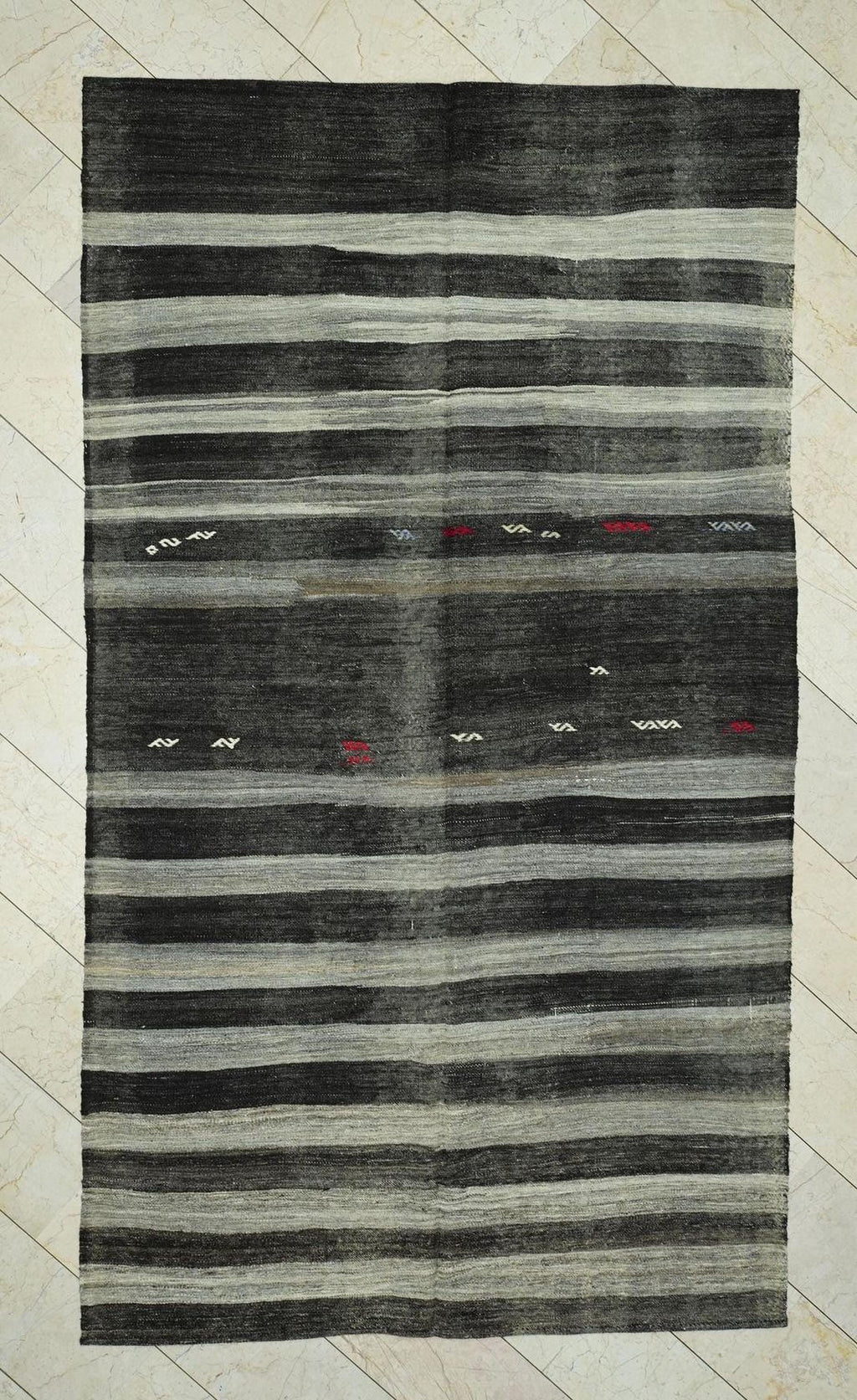 Vintage Turkish Kilim Rug: Brown Gray Stripe, Goat Wool Flat Weave Rugs, 6x11 Ft.