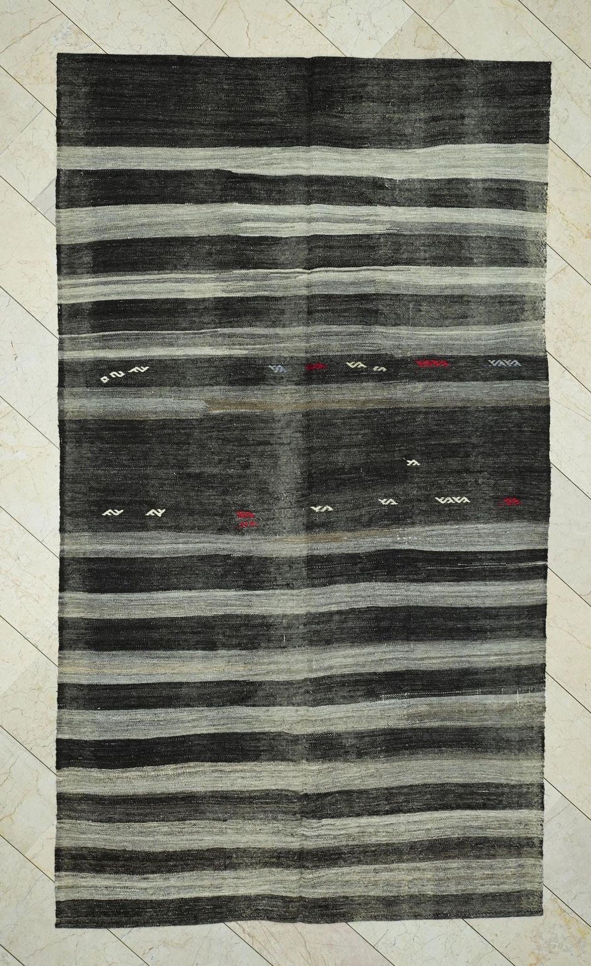 Vintage Turkish Kilim Rug: Brown Gray Stripe, Goat Wool Flat Weave Rugs, 6x11 Ft.
