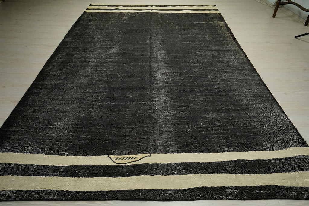 Vintage Brown Kilim Rug: 7.2"x11' Anatolian Goat Hair Rugs