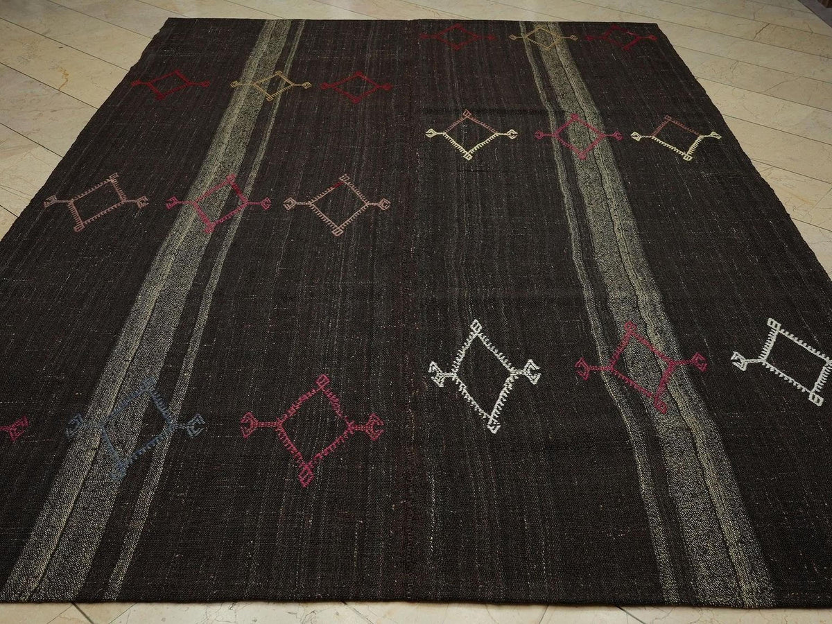 Dark Brown Goat Hair Flat Woven Turkish Nomadic Rug,7.7x10.6 Ft Stripe Kilim Rugs