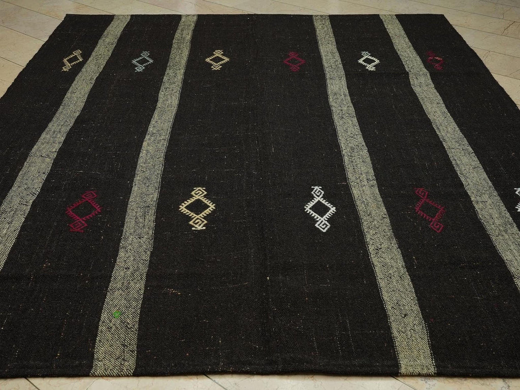 8x10 Dark Brown Natural Goat Wool Woven Kilim Rug,Farmhouse Decor Rugs