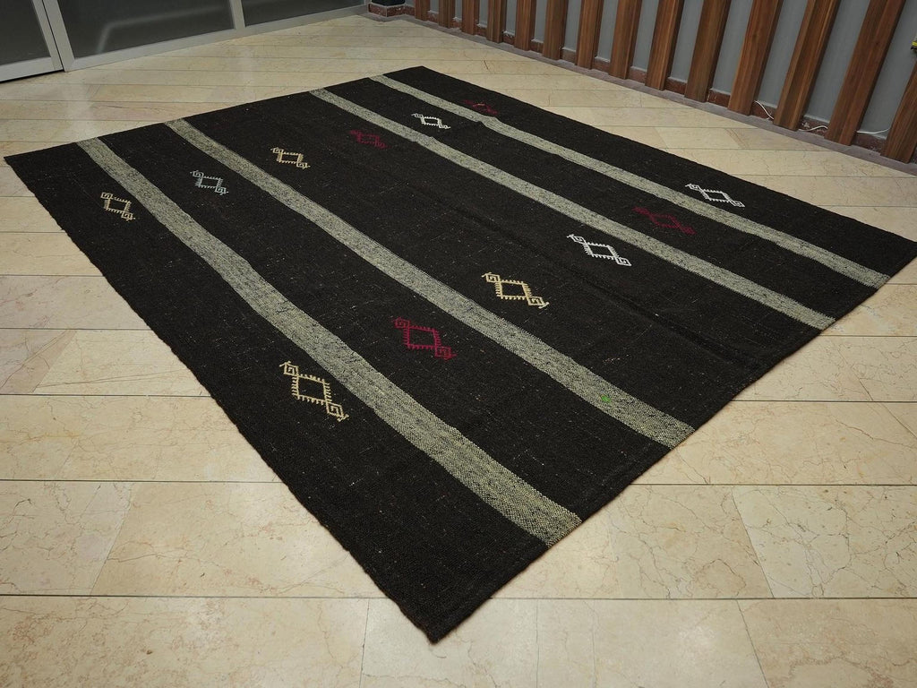 8x10 Dark Brown Natural Goat Wool Woven Kilim Rug,Farmhouse Decor Rugs
