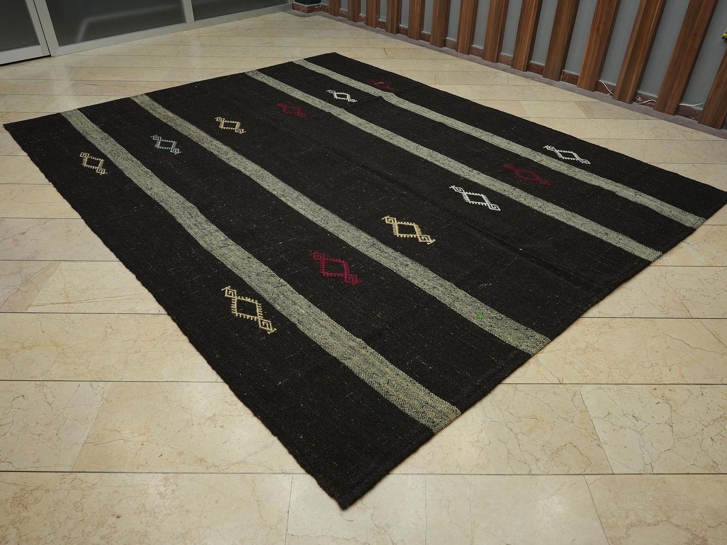 8x10 Dark Brown Natural Goat Wool Woven Kilim Rug,Farmhouse Decor Rugs