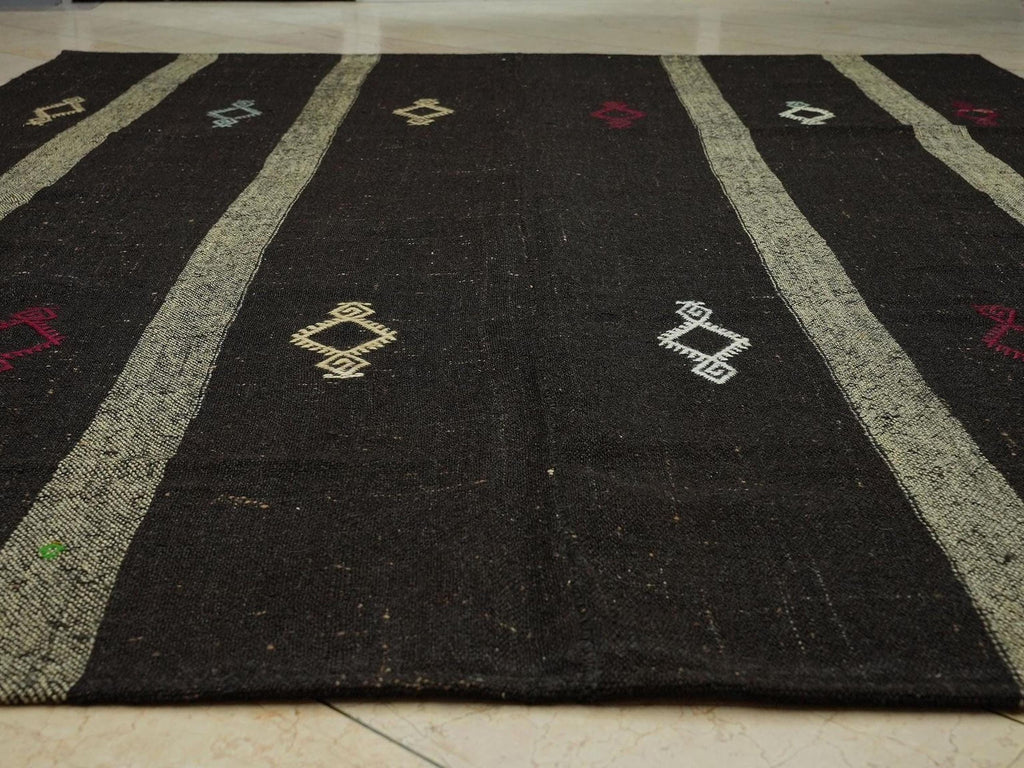 8x10 Dark Brown Natural Goat Wool Woven Kilim Rug,Farmhouse Decor Rugs