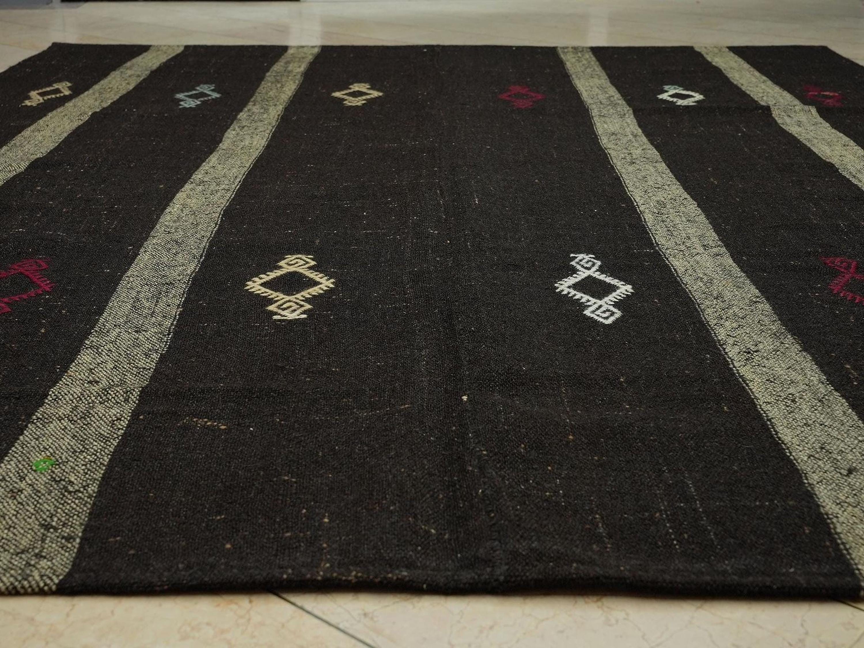 8x10 Dark Brown Natural Goat Wool Woven Kilim Rug,Farmhouse Decor Rugs