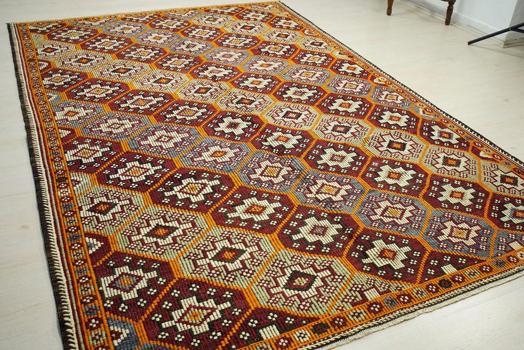 Embroidered Goat Wool Kilim Rug: Mid-Century Modern Rugs. 6.6x9.9 ft.