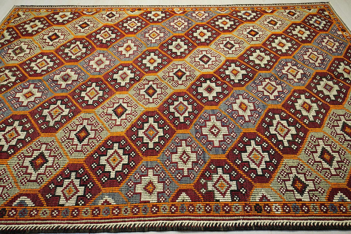 Embroidered Goat Wool Kilim Rug: Mid-Century Modern Rugs. 6.6x9.9 ft.