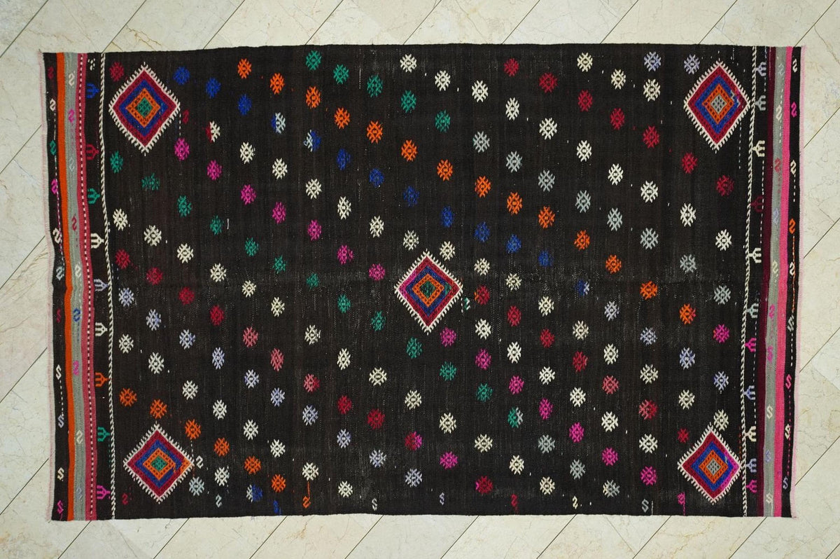 Dark Brown Turkish Kilim Rug: Goat Hair Wool, Mid-Century Modern Rugs. 6,4x10,1 Feet.
