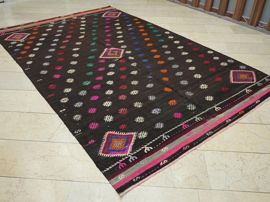 Dark Brown Turkish Kilim Rug: Goat Hair Wool, Mid-Century Modern Rugs. 6,4x10,1 Feet.