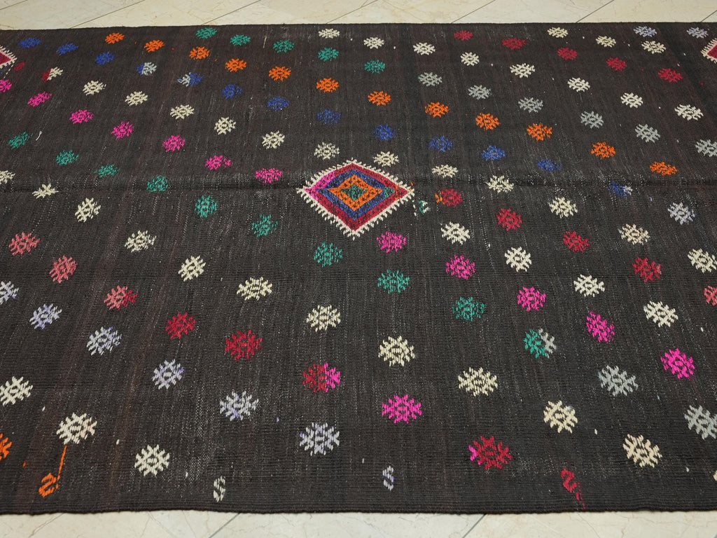 Dark Brown Turkish Kilim Rug: Goat Hair Wool, Mid-Century Modern Rugs. 6,4x10,1 Feet.