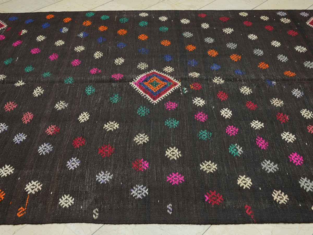 Dark Brown Turkish Kilim Rug: Goat Hair Wool, Mid-Century Modern Rugs. 6,4x10,1 Feet.