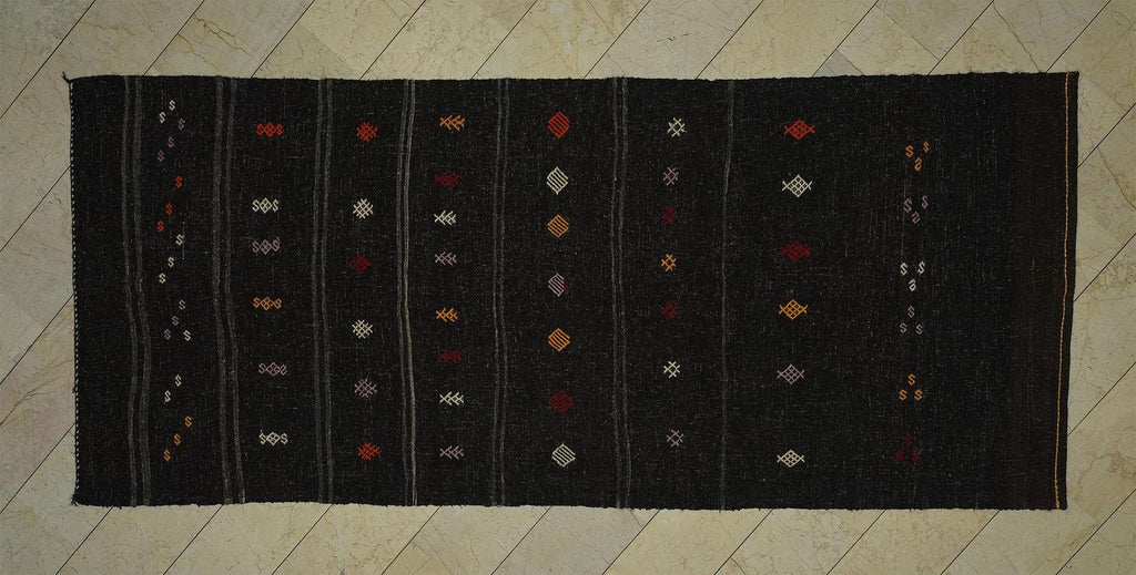 Vintage Turkish Kilim Rug: Brown Stripe, Goat Hair Embroidery Rugs 5"x11.7" Ft.
