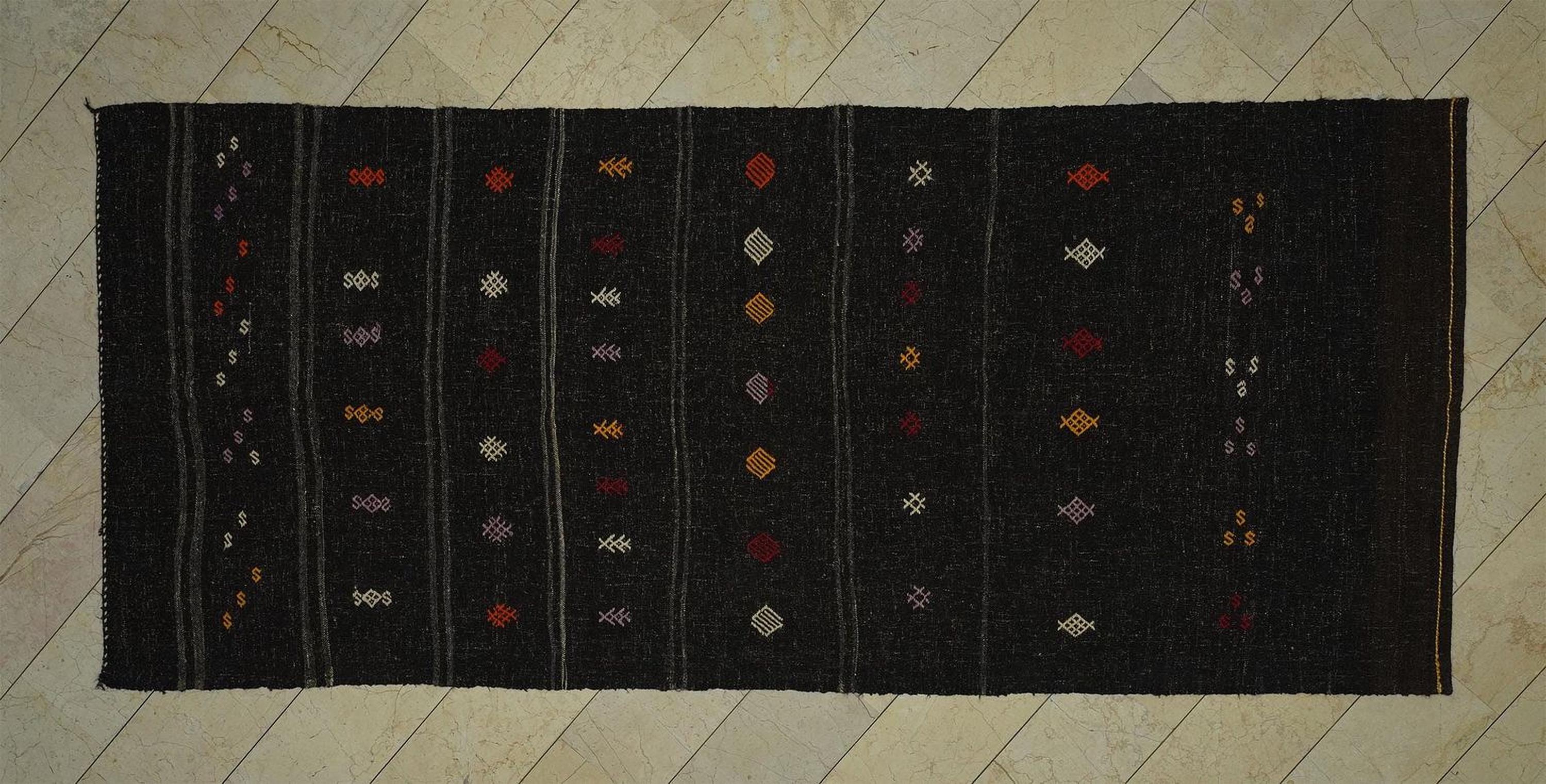 Vintage Turkish Kilim Rug: Brown Stripe, Goat Hair Embroidery Rugs 5"x11.7" Ft.